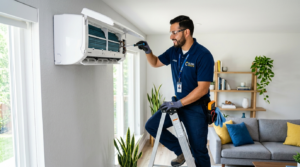 Técnico dando mantenimiento a un aire acondicionado minisplit en casa